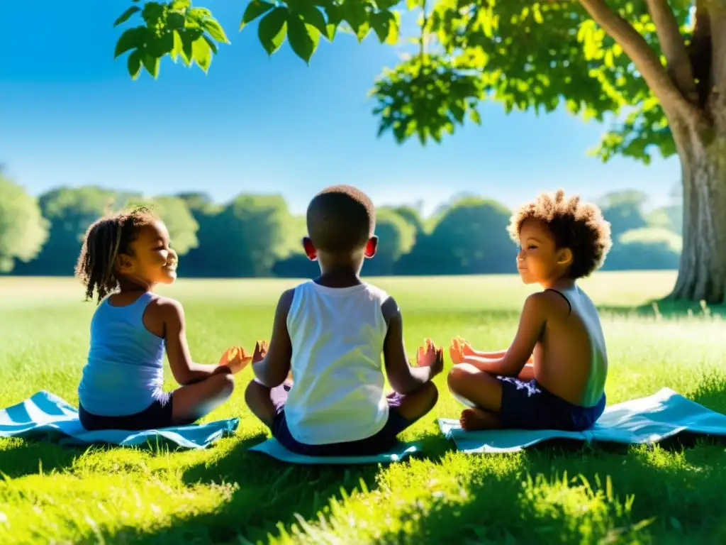 Grupo de niños practicando respiración abdominal en un prado vibrante bajo el cielo azul claro, transmitiendo tranquilidad y enfoque