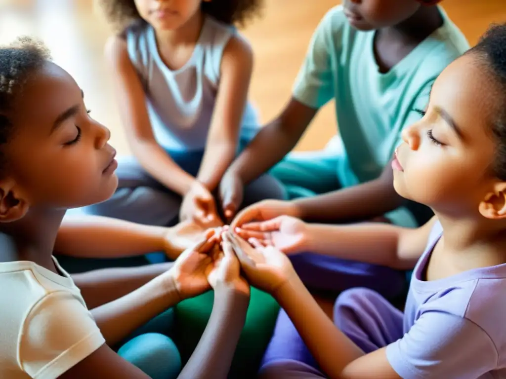 Grupo de niños practicando respiración abdominal con calma y enfoque