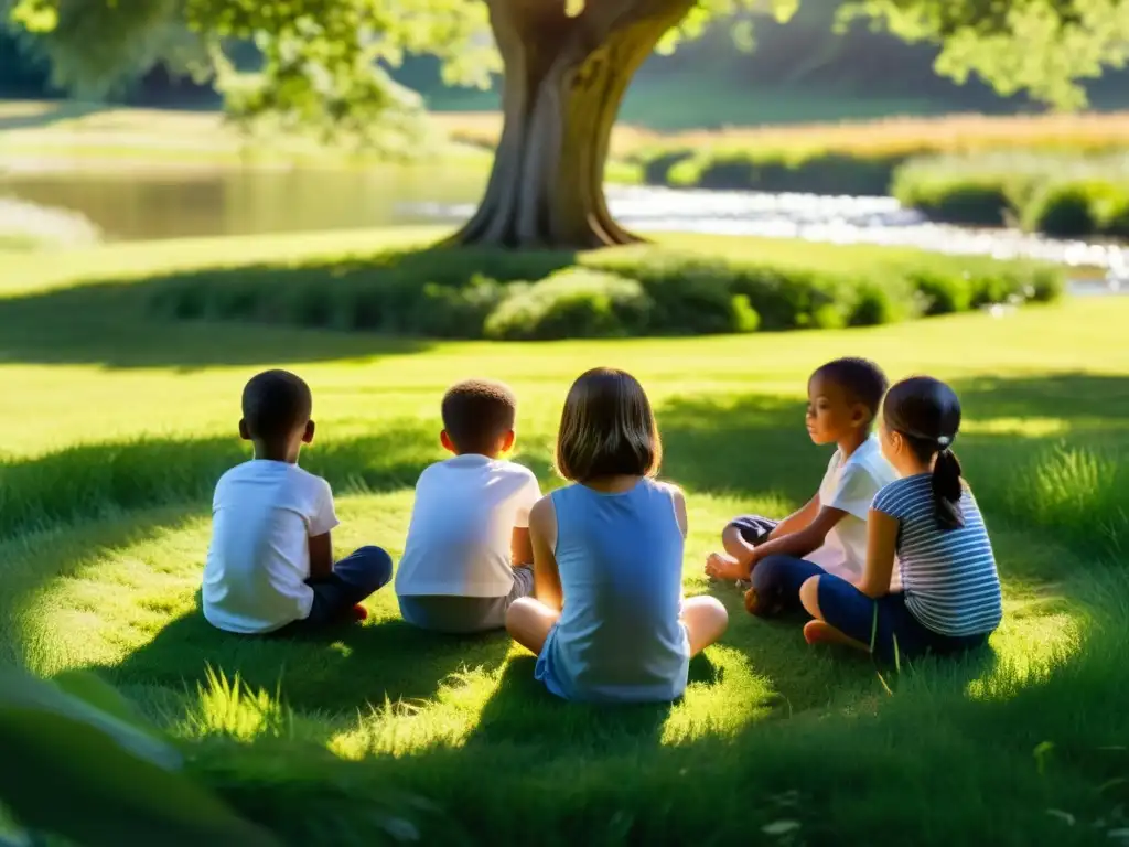 Grupo de niños practicando respiración consciente en círculo en un campo