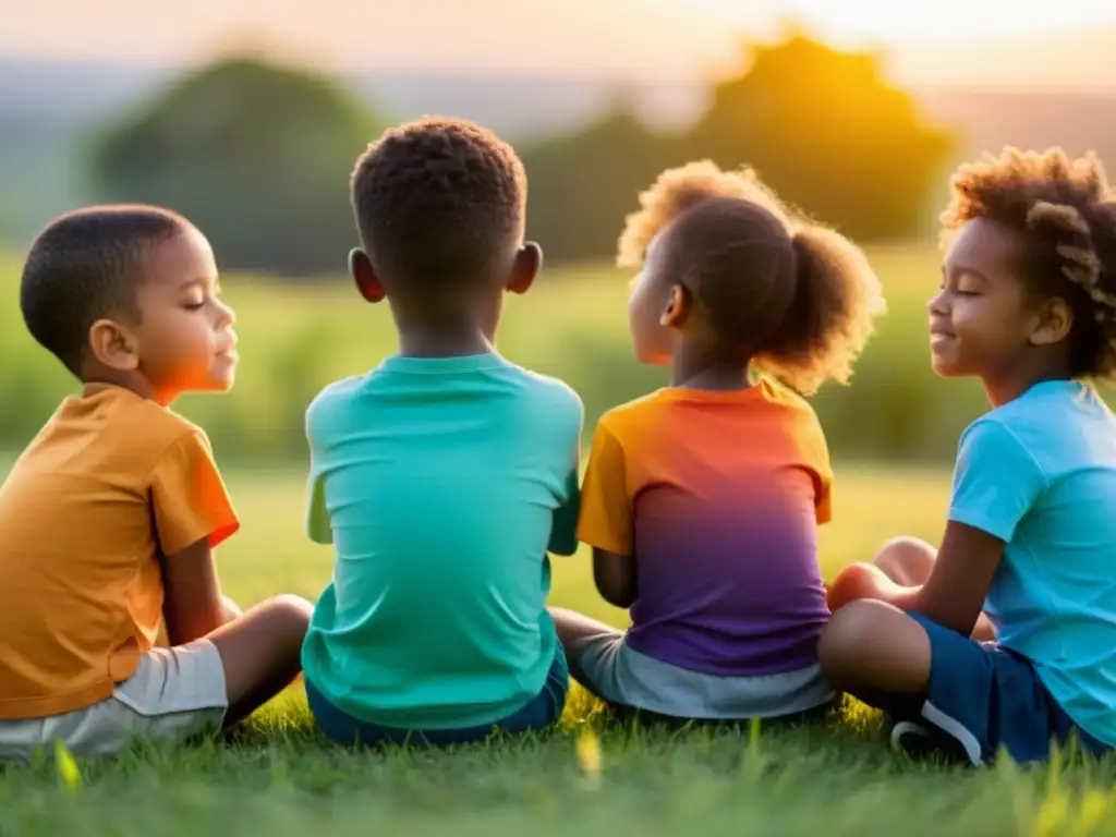 Grupo de niños practicando respiración consciente al atardecer en un campo, transmitiendo calma y serenidad en el desarrollo infantil