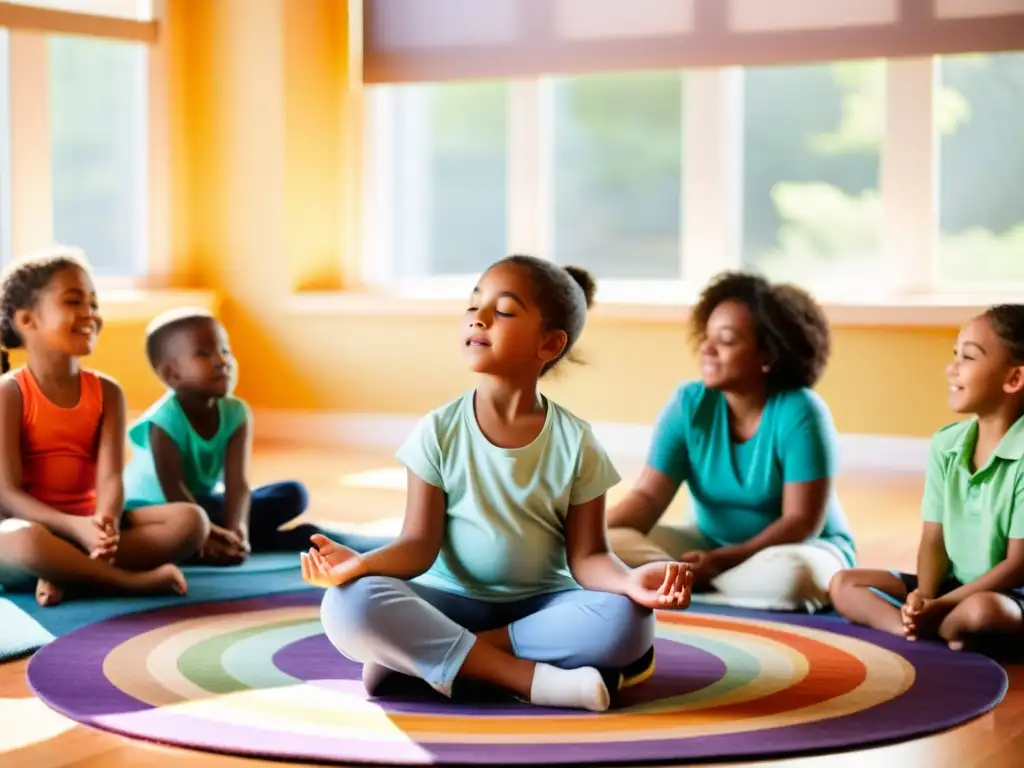 Grupo de niños practicando respiración consciente en círculo sobre una alfombra colorida, con almohadas alrededor