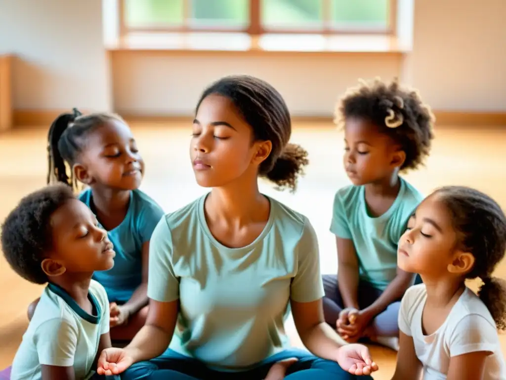 Grupo de niños practicando respiración profunda en un aula moderna y luminosa