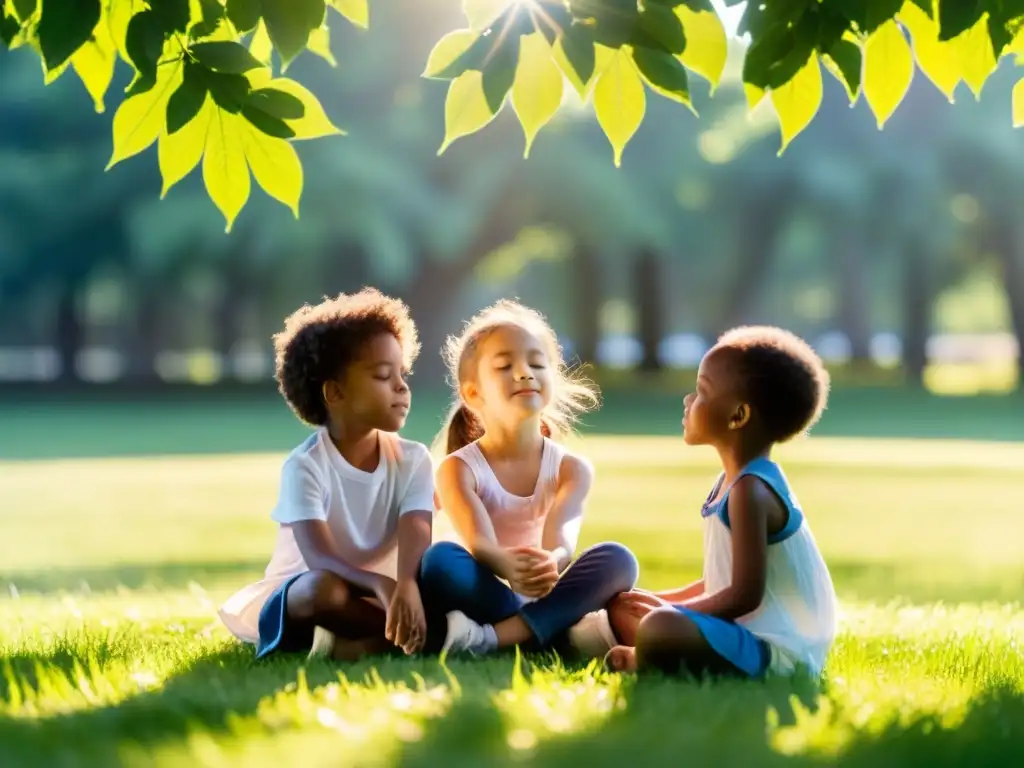 Grupo de niños practican respiración profunda al aire libre, transmitiendo paz y calma