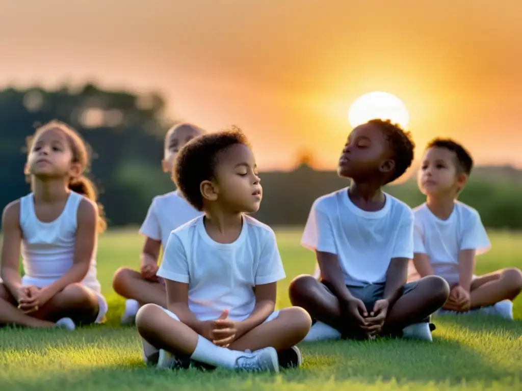 Grupo de niños practicando respiración profunda al atardecer en un campo