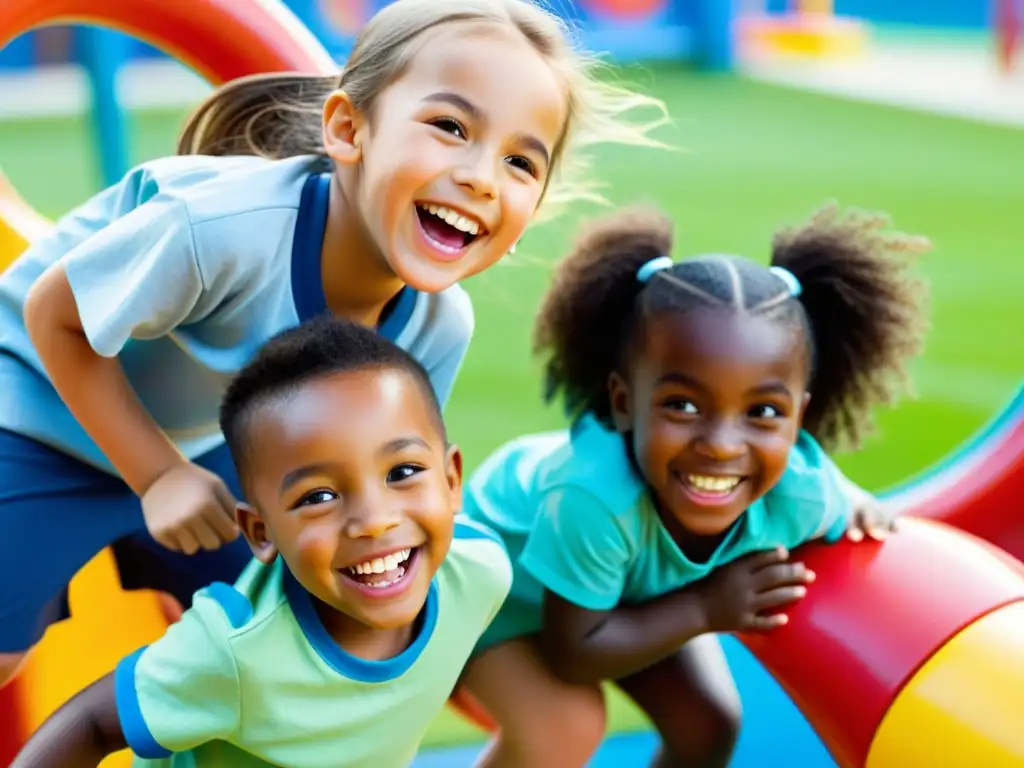 Un grupo de niños sanos y felices juega en un parque colorido y brillante, manifestando alegría y vitalidad