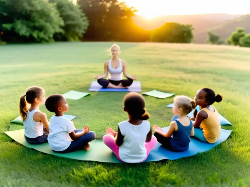 Un grupo de niños practica técnicas de respiración guiados por su instructor de yoga en un campo al atardecer