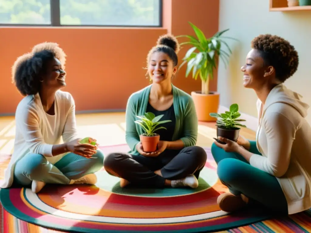 Grupo de niños practicando técnicas de respiración con plantas en un ambiente tranquilo y acogedor