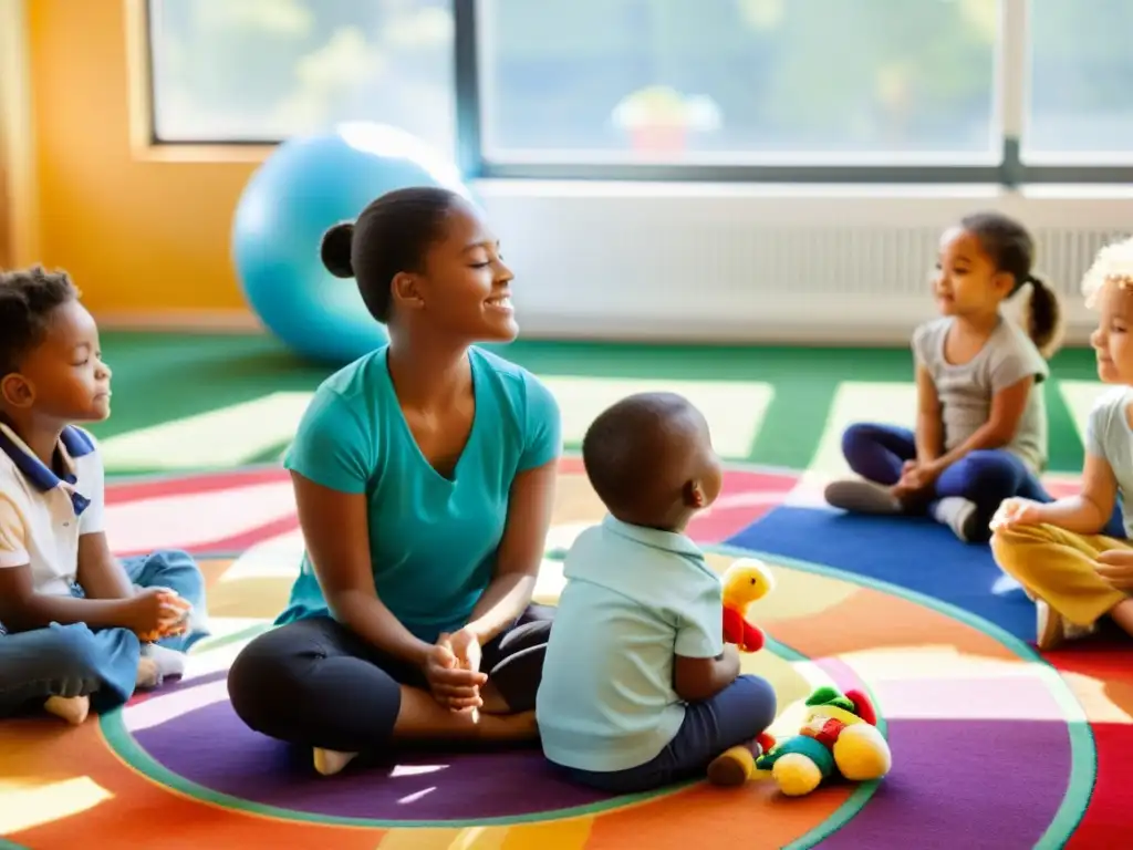 Un grupo de niños practica técnicas de respiración para reducir ansiedad en un aula soleada, guiados por su maestra