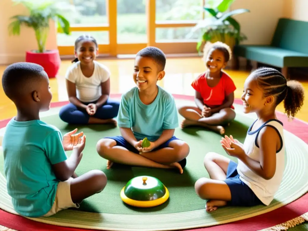 Un grupo de niños practica técnicas de respiración para niños en un entorno armonioso, rodeados de naturaleza y luz suave