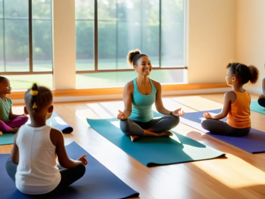 Grupo de niños practicando yoga y respiración en círculo, iluminados por luz natural