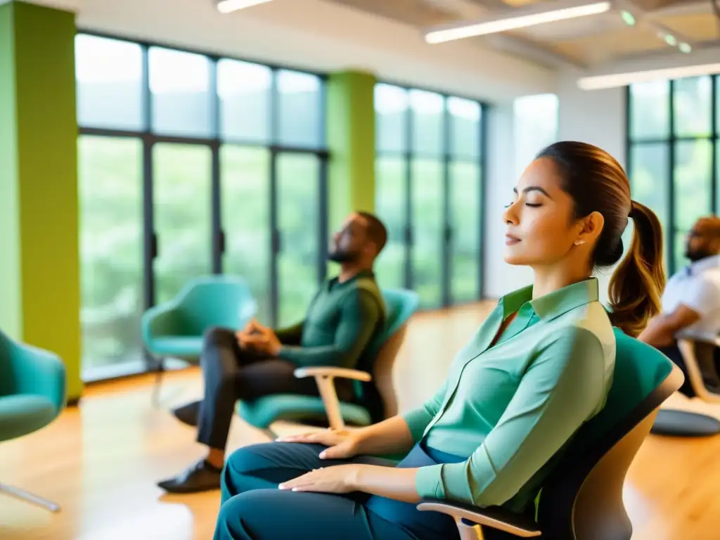 Grupo en oficina practica respiración consciente en pausas activas, guiados por instructor en ambiente sereno y enfocado