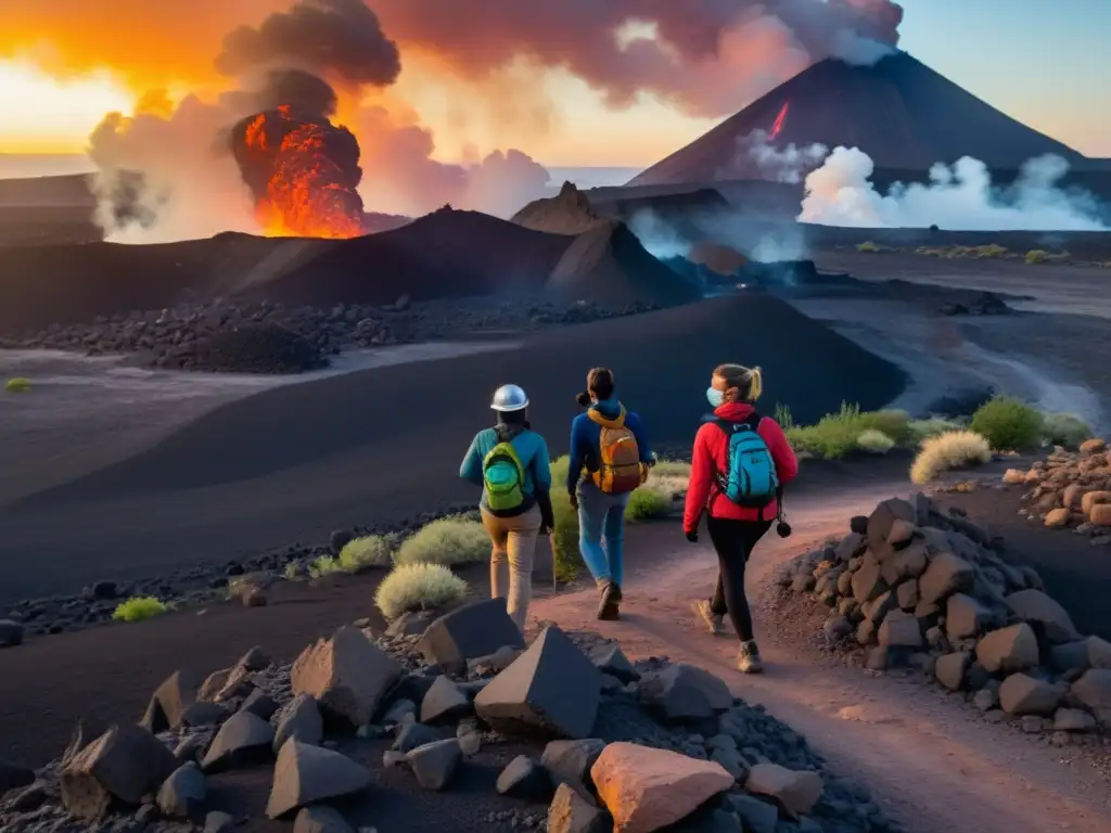 Grupo explorando un paisaje volcánico, usando mascarillas