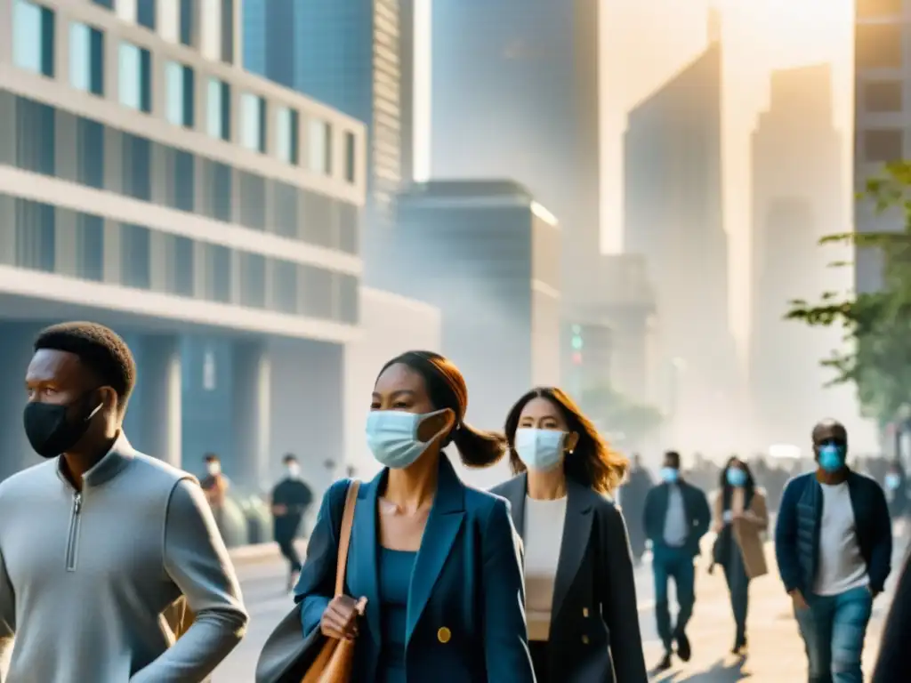 Un grupo de personas con máscaras modernas camina por una ciudad con smog