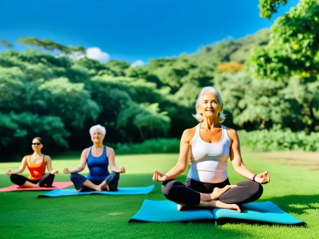 Un grupo de personas mayores practica yoga al aire libre en un entorno natural