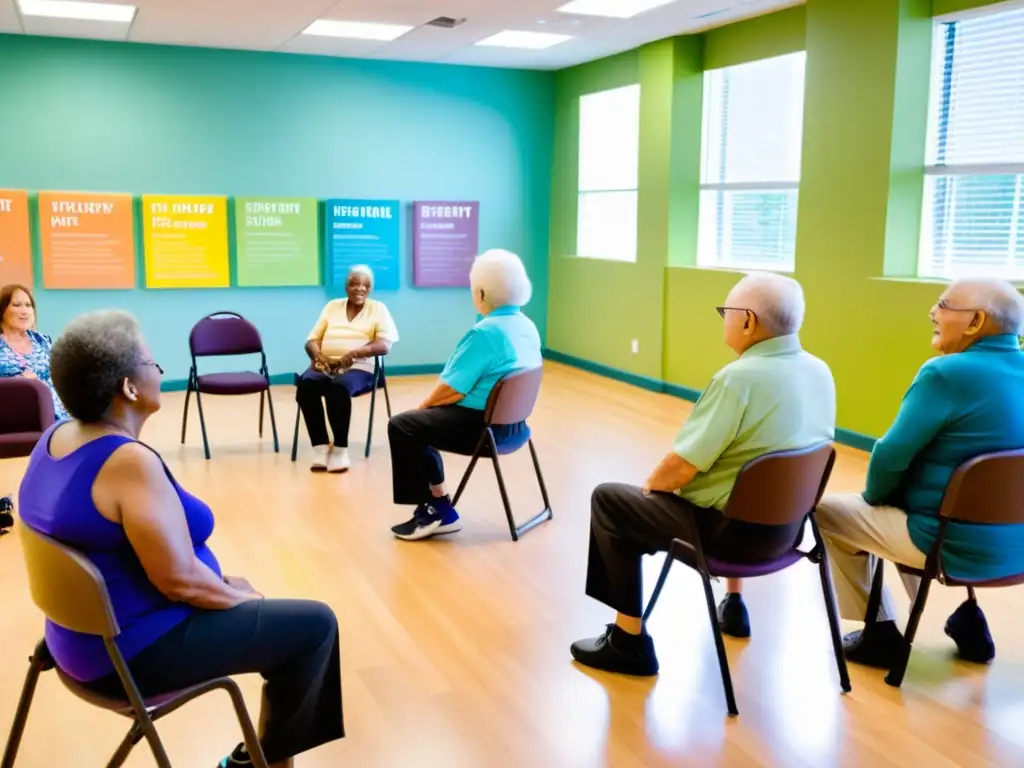 Grupo de personas mayores participando en una clase de ejercicios respiratorios en un centro comunitario