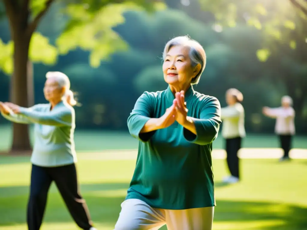 Grupo de personas mayores participando en una clase de tai chi en un parque, con el sol de la mañana iluminando sus rostros