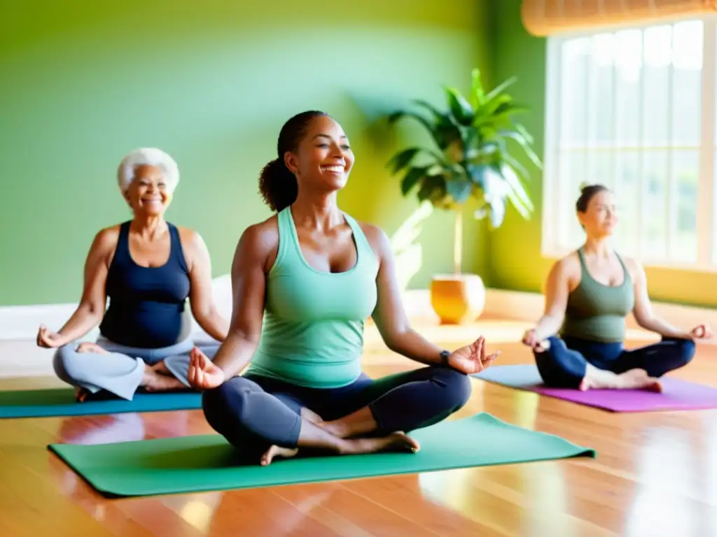 Un grupo de personas mayores participa en una clase de yoga, practicando ejercicios de respiración