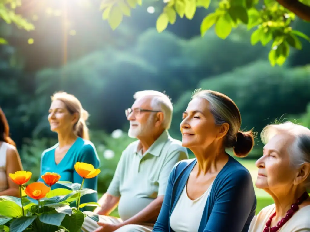 Grupo de personas mayores practicando ejercicios de respiración consciente en un jardín sereno y soleado, mejorando su calidad de vida