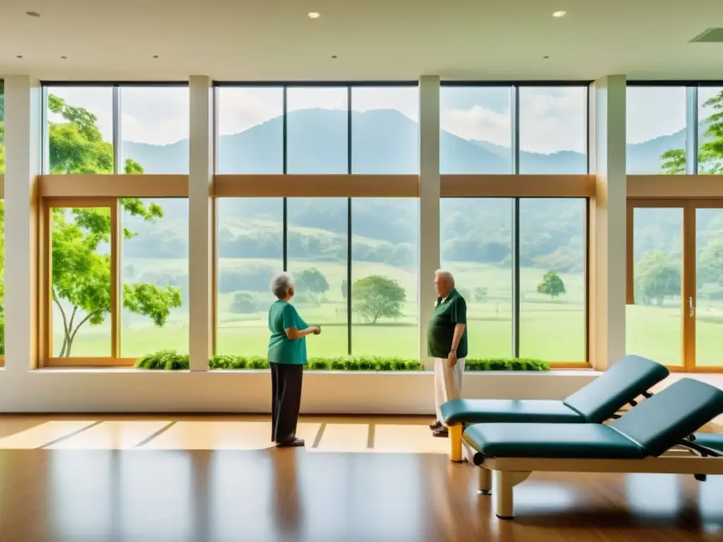 Grupo de personas mayores realizando ejercicios de fisioterapia respiratoria en un centro de rehabilitación moderno y sereno con vista a un paisaje verde exuberante