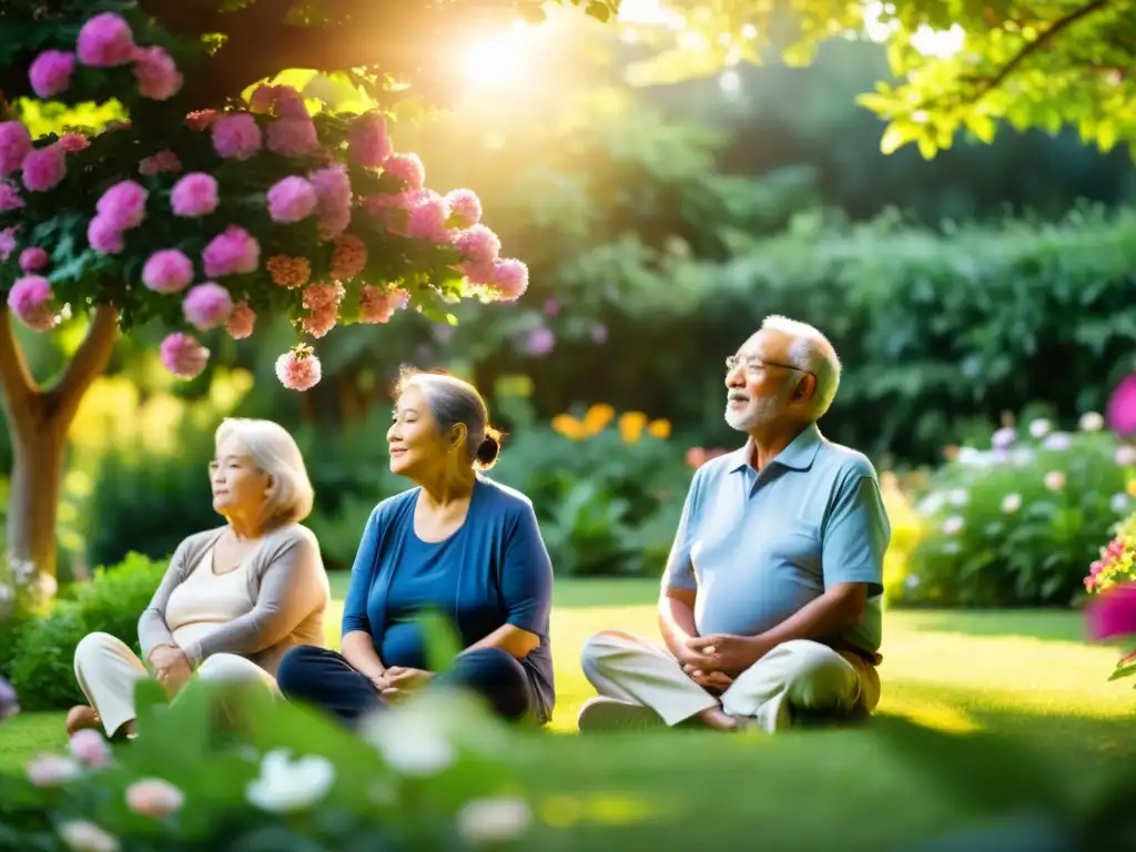 Un grupo de personas mayores practicando ejercicios de respiración consciente en un jardín sereno, bañado por la cálida luz dorada del sol