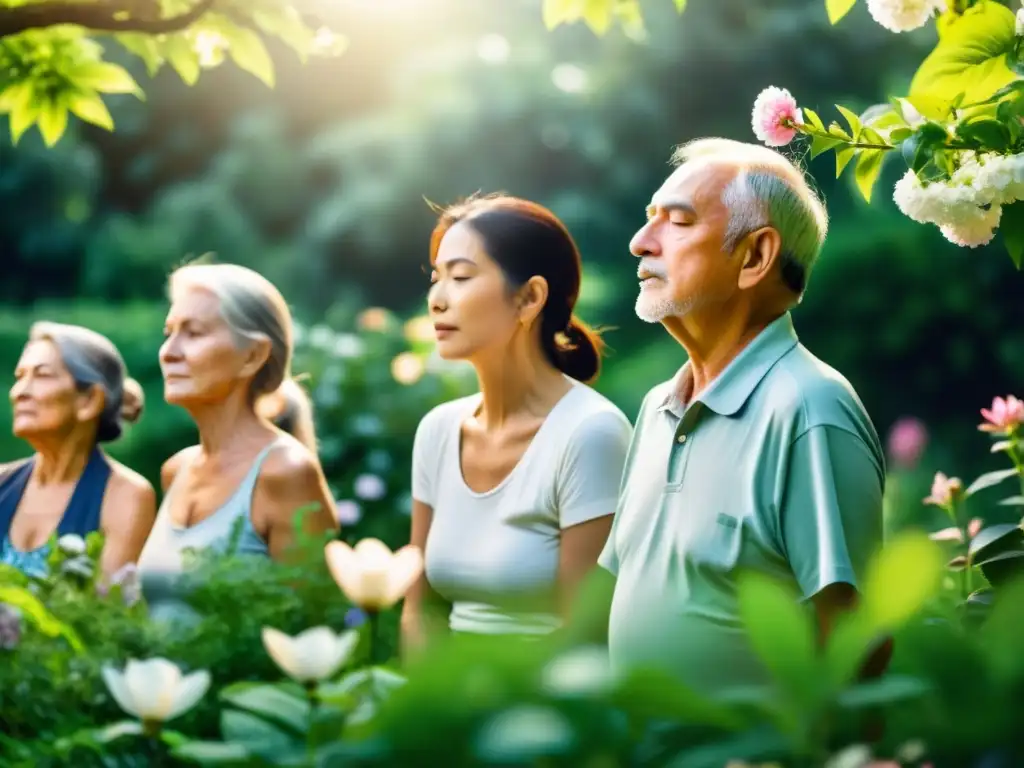 Un grupo de personas mayores practica ejercicios de respiración profunda en un jardín sereno y soleado, rodeado de exuberante vegetación y flores