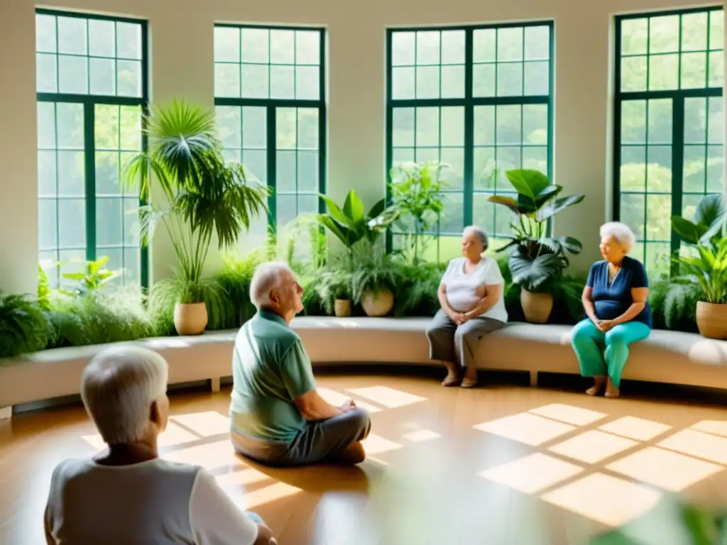 'Grupo de personas mayores practicando técnicas de respiración consciente en un ambiente sereno y luminoso, rodeados de plantas verdes exuberantes