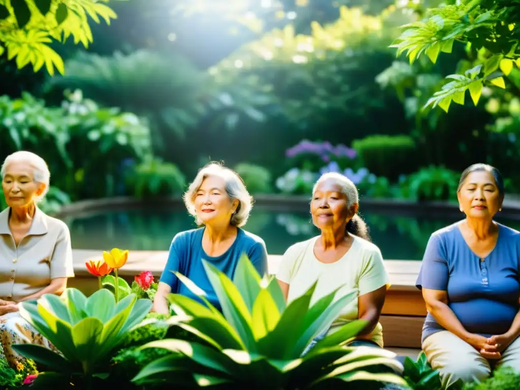 Un grupo de personas mayores practica técnicas de respiración consciente en un jardín tranquilo y soleado, rodeado de flores vibrantes y agua serena