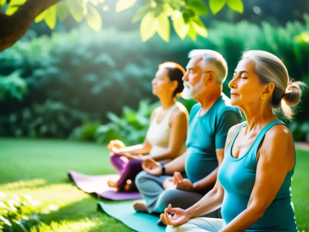 Grupo de personas mayores practicando yoga y ejercicios de respiración en un jardín sereno, fortalecimiento sistema respiratorio postCOVID