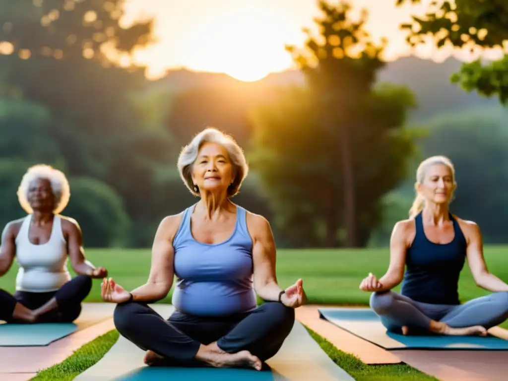 Grupo de personas mayores realizando yoga al aire libre con distanciamiento social al atardecer, fortalecimiento sistema respiratorio postCOVID