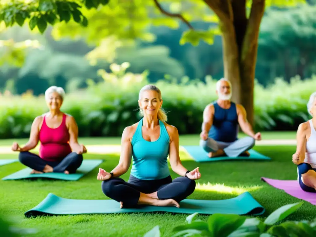 Grupo de personas mayores practicando yoga al aire libre entre la exuberante vegetación y la luz del sol