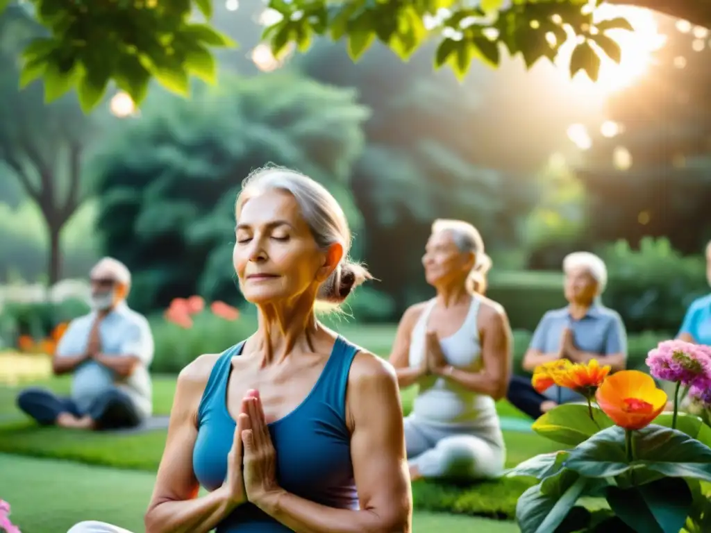 Un grupo de personas mayores practicando yoga en un jardín sereno y exuberante, rodeado de árboles altos y flores coloridas