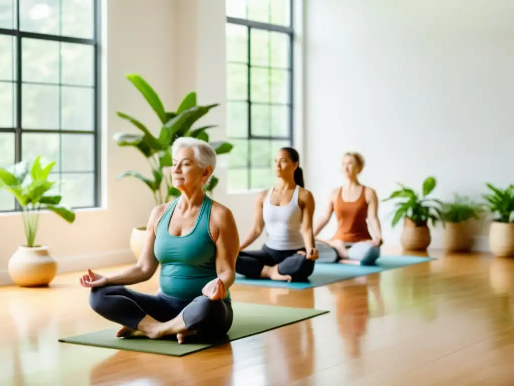 Un grupo de personas mayores practicando yoga en un estudio luminoso y espacioso, rodeado de plantas verdes