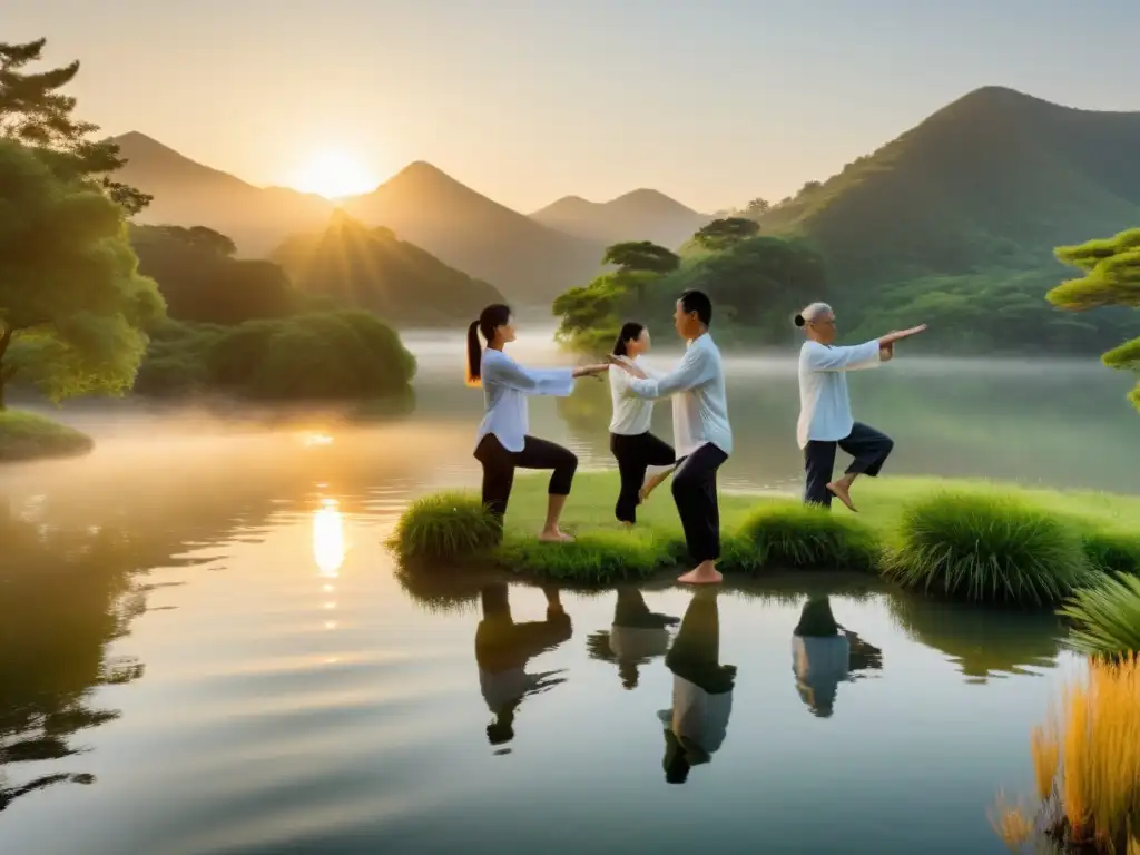 Un grupo de personas practica Qi Gong técnica respiratoria China al amanecer, exudando paz y armonía en un entorno natural sereno