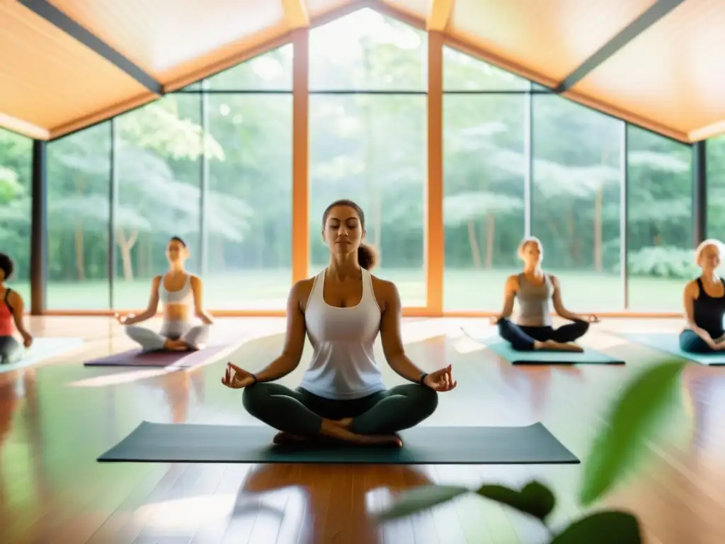 Grupo de personas practicando técnicas avanzadas de respiración en un estudio de yoga moderno con vista a un bosque exuberante al amanecer