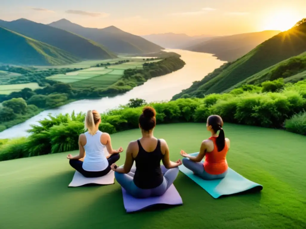 Grupo de personas practicando yoga en la montaña al atardecer, reflejando calma y serenidad