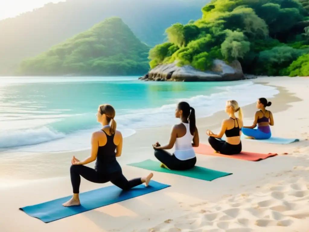 Un grupo de personas practicando yoga en una playa serena y soleada, rodeados de exuberante vegetación y aguas cristalinas