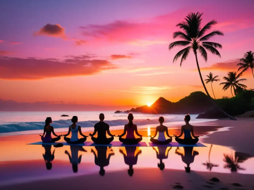 Un grupo practica yoga en una playa al atardecer, con un cielo vibrante y el mar sereno reflejando los cálidos colores