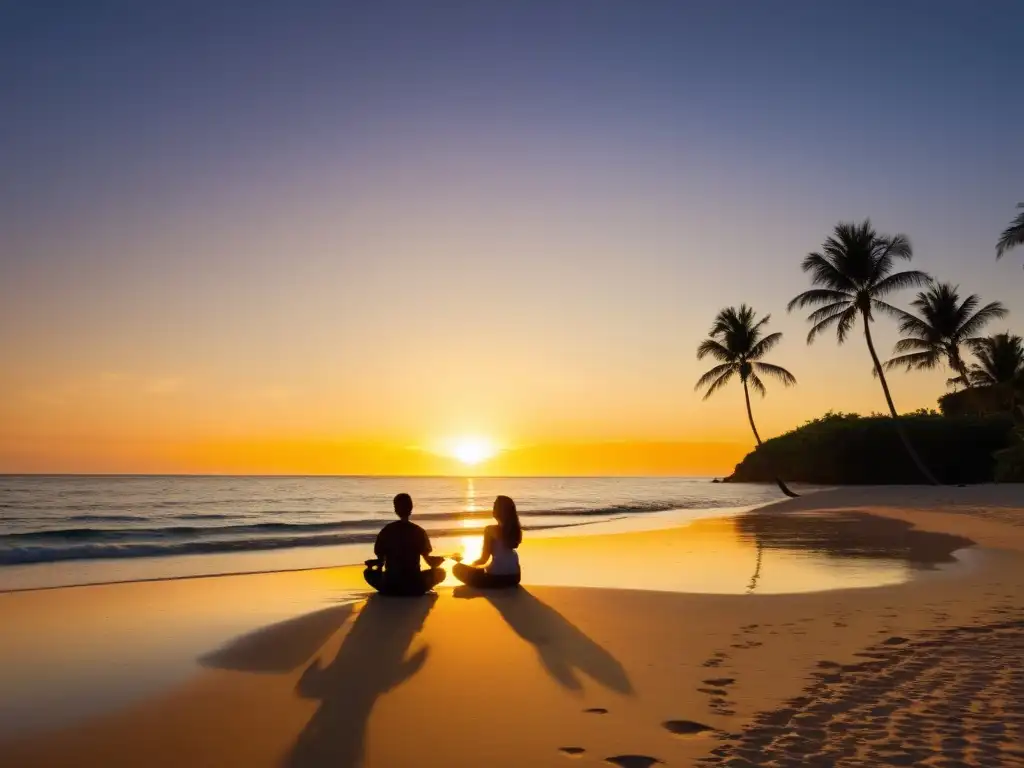 Grupo meditando en la playa al amanecer en un retiro de respiración consciente, rodeados de naturaleza y paz