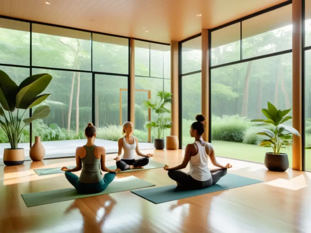 Grupo en poses de yoga en estudio moderno, iluminado por luz natural con vista a un bosque