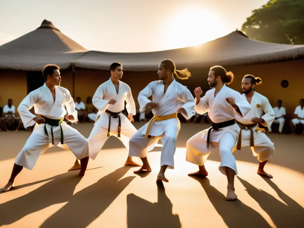 Grupo de practicantes de capoeira en círculo, vistiendo ropa blanca, realizando una secuencia fluida de movimientos poderosos al atardecer