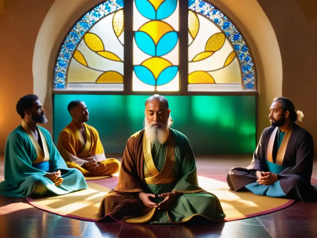 Grupo de practicantes del Sufismo en meditación, bañados en luz dorada, envueltos en profunda tranquilidad