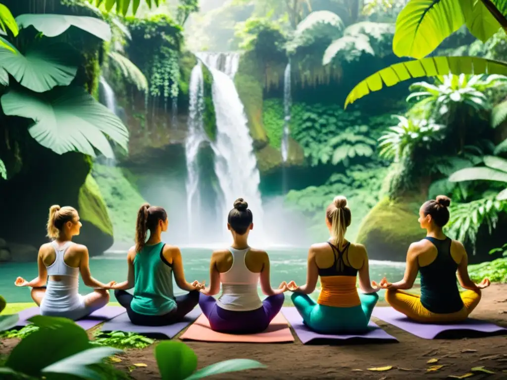 Un grupo de practicantes de yoga meditando en un claro de selva tropical, rodeados de exuberante vegetación y cascadas