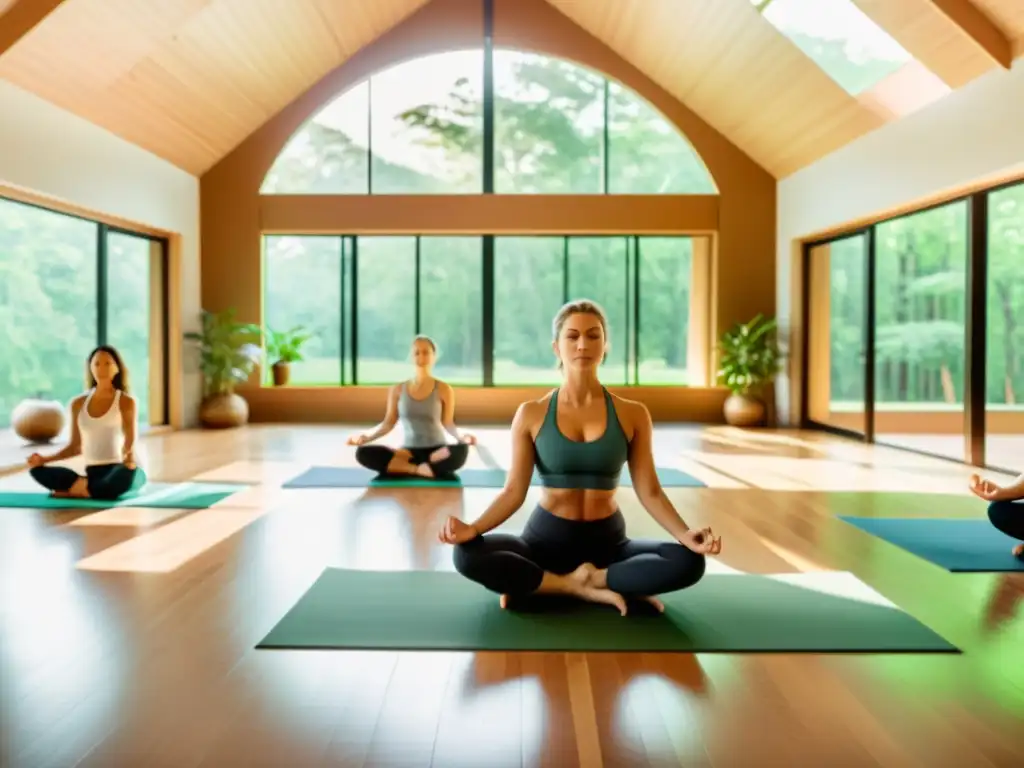 Grupo practicando Pranayama en un estudio de yoga moderno con vista a un bosque, disfrutando de los beneficios del pranayama en yoga