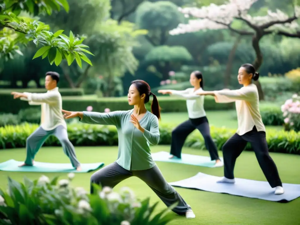 Grupo haciendo Qi Gong y Tai Chi en jardín tranquilo, rodeado de naturaleza exuberante y flores