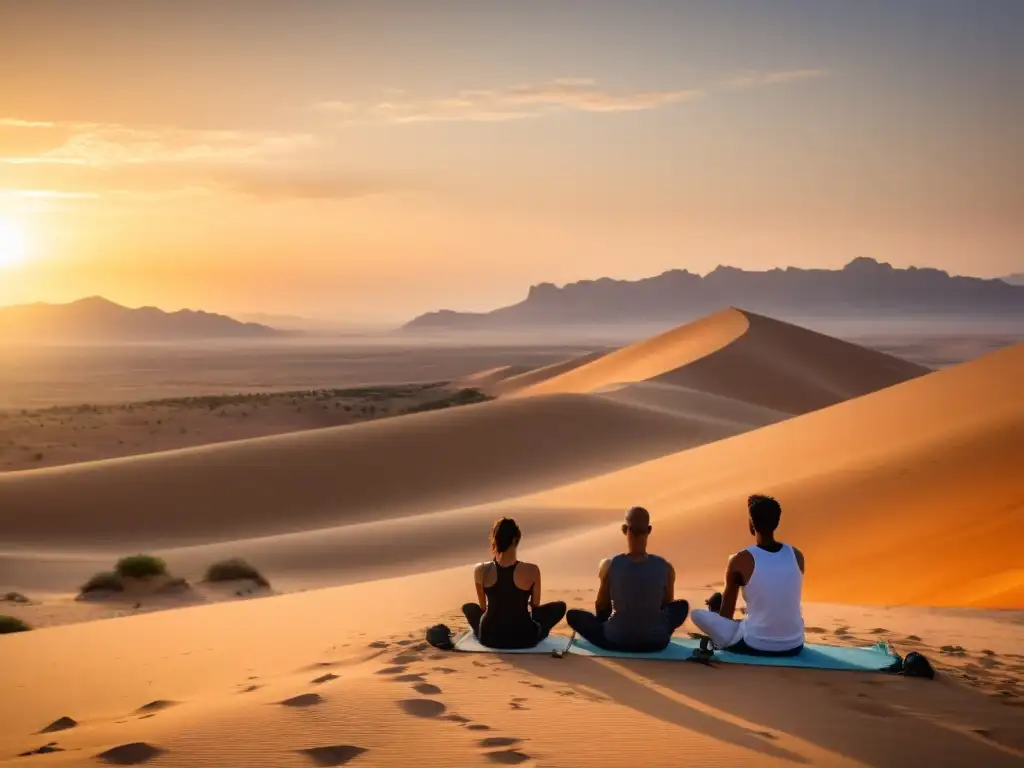 Grupo practicando respiración consciente en el desierto de Jordania, fusionando tradición y bienestar moderno