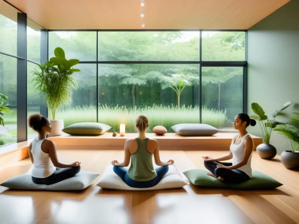 Grupo practicando respiración diafragmática en estudio de mindfulness con vista a jardín tranquilo