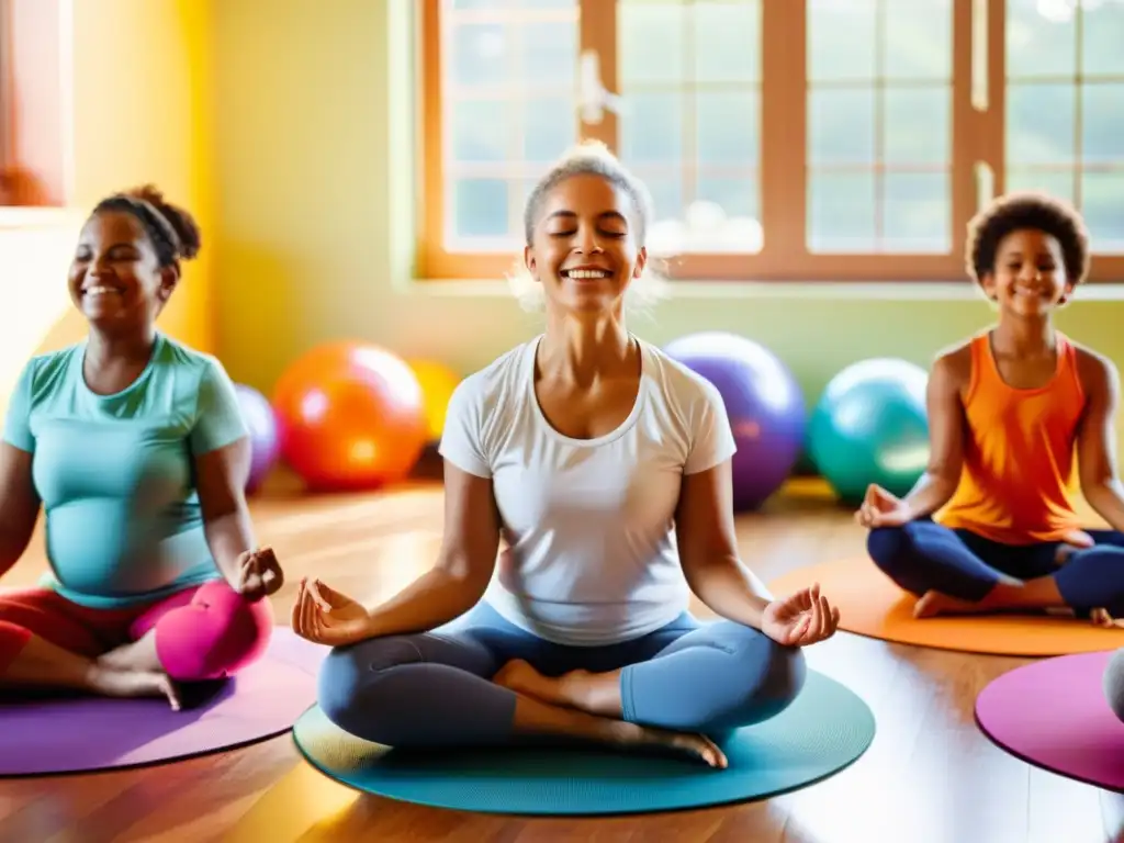 Un grupo de niños practica yoga y respiración en una habitación llena de coloridas decoraciones
