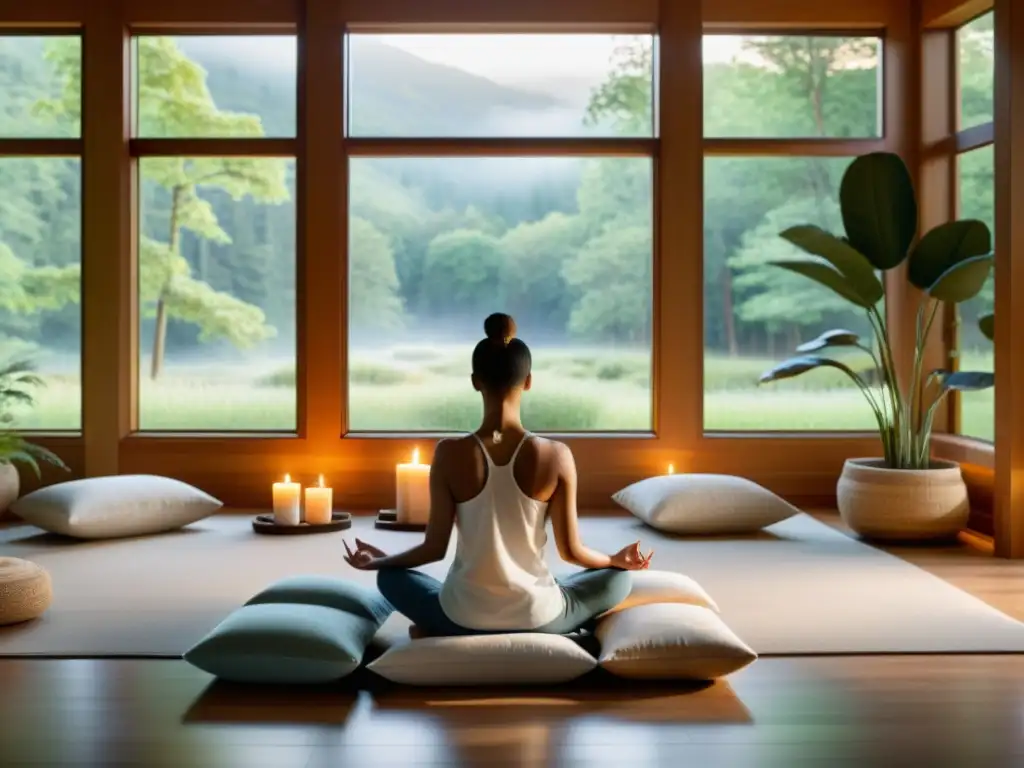 Grupo practicando respiración rítmica en sala de meditación serena con vista a la naturaleza tranquila y decoración relajante