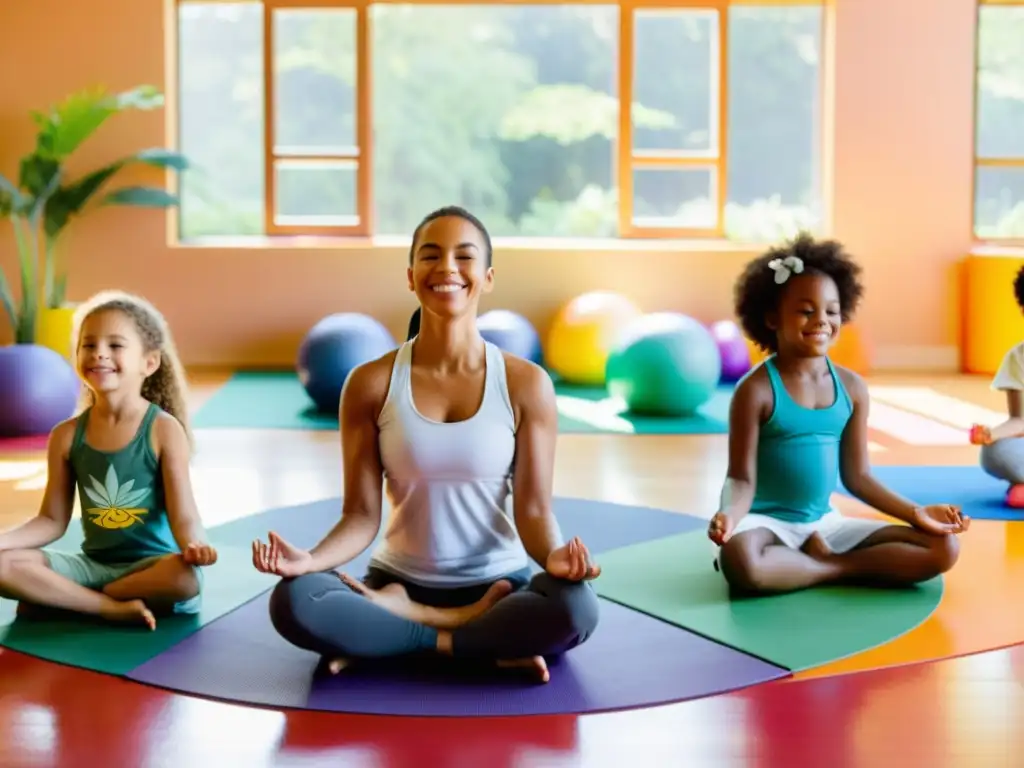 Un grupo de niños practica yoga y respiración en una sala luminosa y acogedora, rodeados de decoraciones inspiradas en la naturaleza