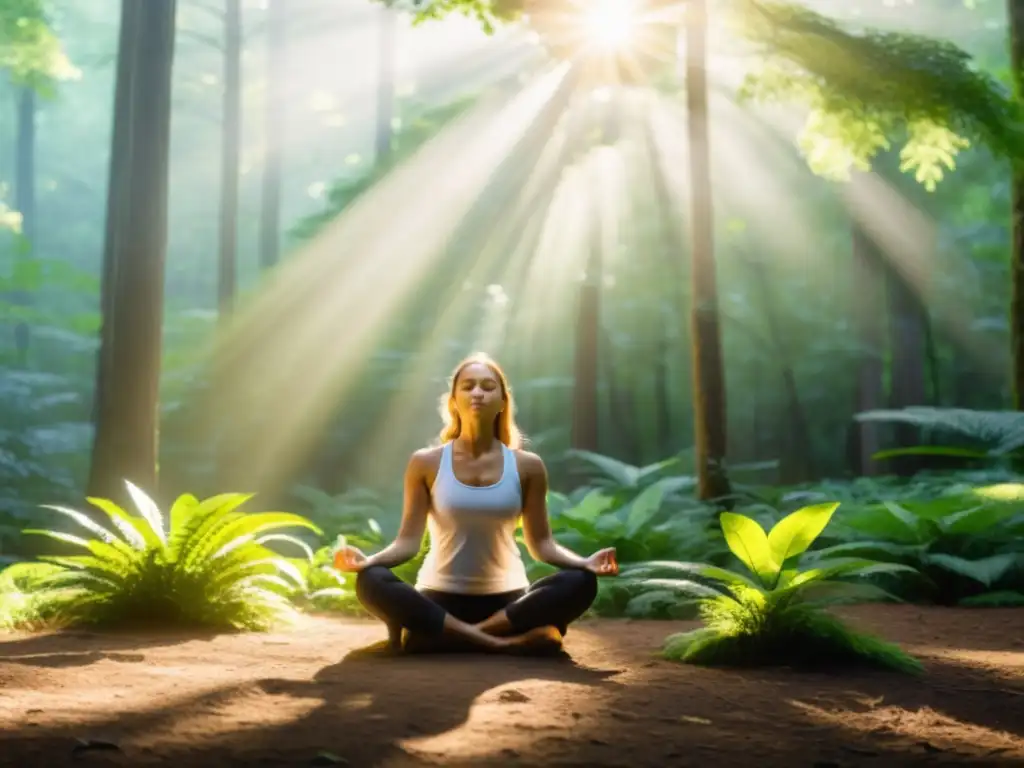 Grupo en retiro de bienestar para desintoxicación pulmonar practicando meditación en un bosque sereno y exuberante, bajo la cálida luz del sol